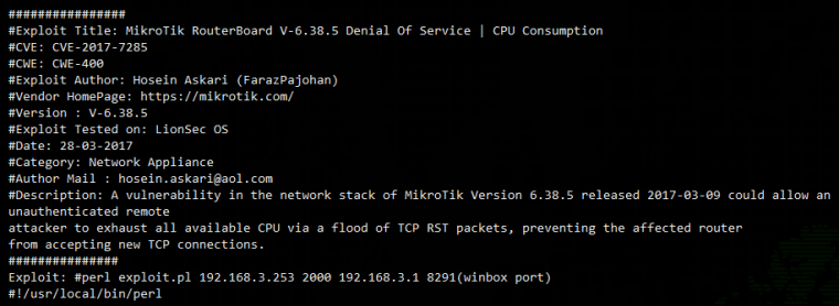 Denial Of Service: уязвимость RouterOS 6.38.5 позволяет вызвать отказ сети